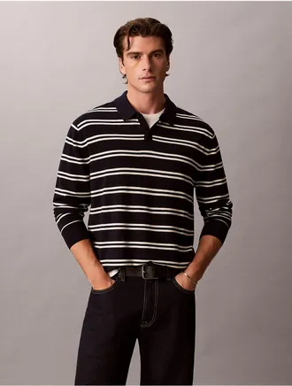 Calvin Klein Mens Merino Stripe Polo Sweater - Blue - 2XL