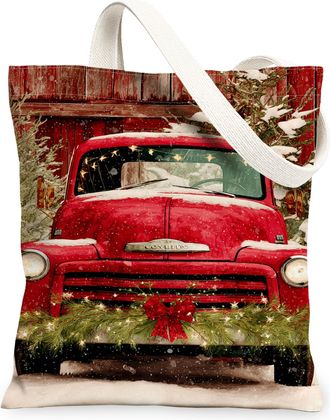Generic Christmas Vintage Truck Canvas Tote Bags, Rustic Red Truck Design Reusable Grocery Bags, Winter Lightweight Washable Canvas, Red, 13x15 Inch