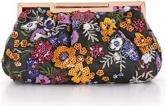 Badgley Mischka Rosalin Floral Sequin Beaded Pouch Clutch in Black Multi at Nordstrom, Size Medium
