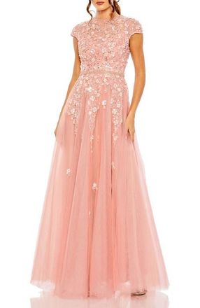 Mac Duggal Floral Embellished High Neck Cap Sleeve A Line Gown in Rose at Nordstrom, Size 14