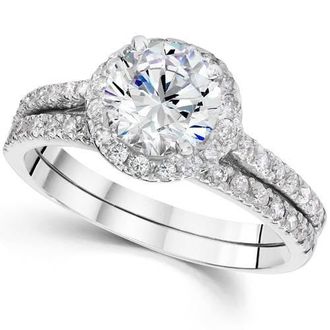 Pompeii3 1 1/3ct Round Diamond Halo Engagement Ring Set 14K White Gold