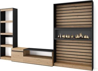 Skraut Home Mueble tv efecto madera roble negro 320x35x186cm chimenea efecto fuego
