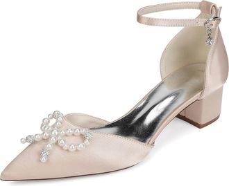 Generic Women Satin Bridal Shoes Pointed Toe Low Chunky Heels Pearls Pumps Wedding Shoes Evening Party Dress Shoes 4.5Cm,Champagne,10 UK