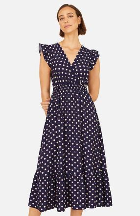 Yumi Spot Ruched Waist Midi Dress in Navy at Nordstrom, Size 10
