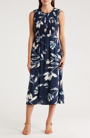 Calvin Klein Floral Smocked Midi Dress in Indigo Multi at Nordstrom Rack, Size 12