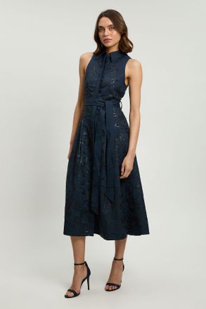Karen Millen Womens Linen Matte Sequin Collared Midi Dress - Navy - Size 18 UK