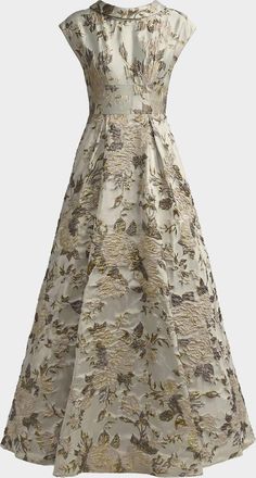 Mac Duggal Pleated Floral Brocade A-Line Gown