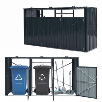 Costway Costway 3-Bin Metal Trash Can Storage Shed 7.8x2.6FT Garbage Shed Flip-Up Lids in Grey
