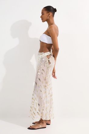 Karen Millen Womens Beach Metallic Thread Tie Waist Maxi Skirt - White viscose - Size X-Small