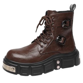 Generic Mens Chunky Heel Platform Short Boots Lace Up Combat Boots with Side Zipper Round Toe PU Leather Biker Boot,Brown,8.5 UK