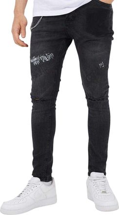 Brave Soul Herenjeans van denim met ketting en knoopsluiting (Donker houtskool)