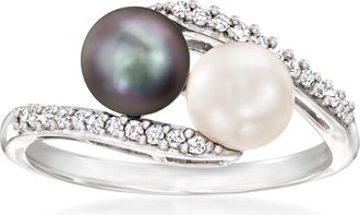 Ross-Simons 6-6.5mm Black and White Cultured Button Pearl and. Diamond Bypass Ring in Sterling Silver