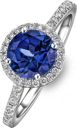 The Diamond Store Astra 3.60ct Lab Sapphire and Diamond Halo Shoulder Set Round Cut in Silver
