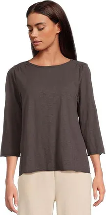 Mod-o-doc 3/4 Sleeve Waffle Mix Media Open Crew Neck T-Shirts Womens Clothing Washed Ebony : SM (US 4-6), Cotton