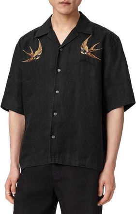 AllSaints Avia Bird Embroidered Linen Camp Shirt in Orca Black at Nordstrom, Size X-Large