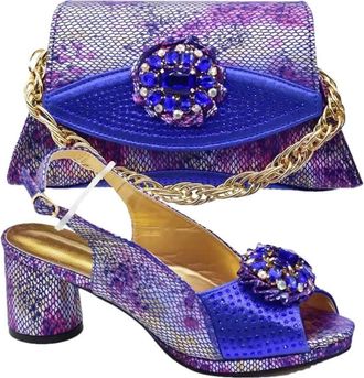 Generic Womens Shoes and Bags Matching Set Flowers Rhinestone Decorated Bigger Size Thick Heel Shoes for Party Wedding Blue