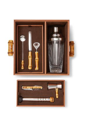 Lorenzi Milano Bamboo, Leather and Stainless Steel Cocktail Set