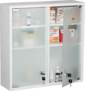 Relaxdays Armario Botiqu&iacute;n Con 2 Puertas De Vidrio, Cerradura, 3 Compartimentos, 53x52,5x15,5 Cm, Para La Pared, Blanco - Relaxdays