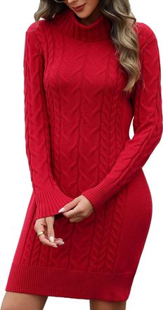 Heekpek Womens Jumper Dress Turtleneck Autumn Winter Jumpers Dresses Long Sleeve Knitted Bodycon Dress Warm Sweater Mini Dresses, Burgundy, XL