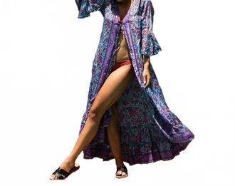 Powell Craft Everleigh Open Front Kaftan Dress In Blue And Purple