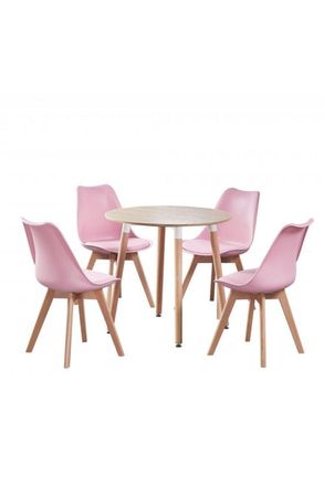 Life Interiors 5PCs Dining Set - a Round Dining Table & Set of 4 Lorenzo Tulip chairs with Padded Seat in Pink