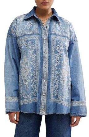 Free People Embroidered Oversize Denim Snap-Up Shirt in Med Rancher Wash at Nordstrom Rack, Size X-Small