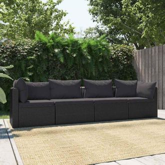 vidaXL Vidaxl - Set De Sof&aacute;s De Jard&iacute;n 4 Piezas Y Cojines Rat&aacute;n Sint&eacute;tico Negro