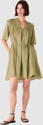 Whistles Short Sleeve Cotton Frill Mini Dress in Khaki at Nordstrom, Size 14