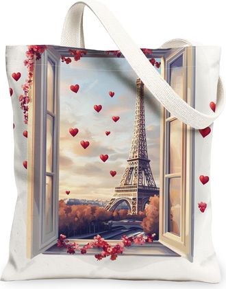 Generic Romantic Heart Pattern Canvas Tote Bags, Vintage Parisian Design Reusable Grocery Bags, Lightweight Washable Shoulder Strap Tote for Travel Shopping B