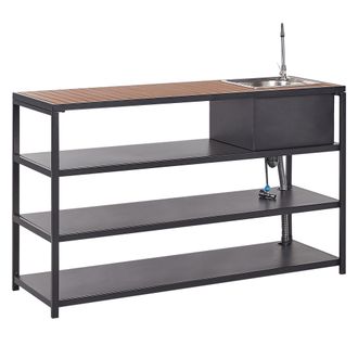 Beliani Isla De Cocina De Exterior Con Fregadero De Ca&ntilde;o Monomando Estantes Acero Encimera Madera Clara 159 X 50 X 91 Cm Negro Avetrana