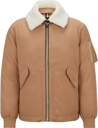 HUGO BOSS Mens Calliano Solid Patterned Shawl Collared Ribbed Cuff Aviator Jacket in Beige - Size 46 (Chest)