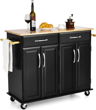 Costway Mobile Kitchen Island Utility Storage Trolley Cart w/ Rubber Wood Countertop