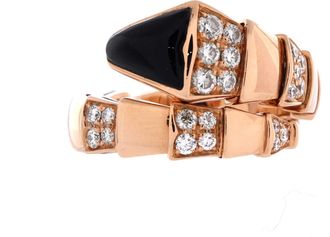 Bulgari Serpenti Viper One-Coil Ring 18K Rose Gold with Onyx and Semi Pave Diamonds Wide