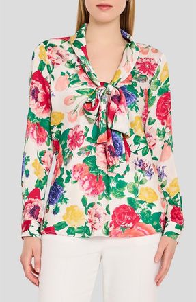 Tahari by ASL Floral Print Tie Neck Top in Ivory Multi at Nordstrom, Size X-Small
