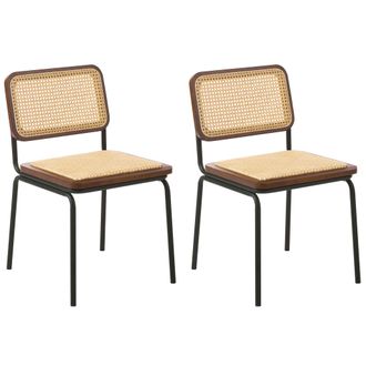 Beliani Conjunto De 2 Sillas Patas De Hierro Respaldo Asiento De Rat&aacute;n Sint&eacute;tico Sin Reposabrazos Tapones Para Las Patas Dise&ntilde;o Boho Vintage Marr&oacute;n Corvallis