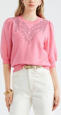 Treasure & Bond Embroidered Puff Sleeve Sweatshirt in Pink Lemonade Embroidery at Nordstrom, Size Xx-Small