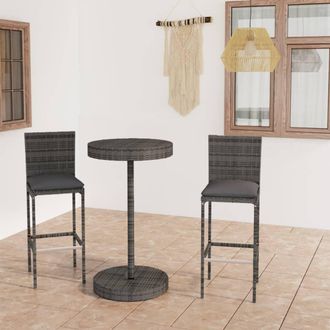 vidaXL Set Muebles Bar Jard&iacute;n 3 Piezas Y Cojines Rat&aacute;n Sint&eacute;tico Gris Vidaxl