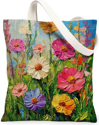 Generic Spring Oli Painting Zinnia Canvas Tote Bag for Shopping 13x15, Floral Wildflower Garden Reusable Grocery Print Pattern Bag for Women Men, Flower Scene