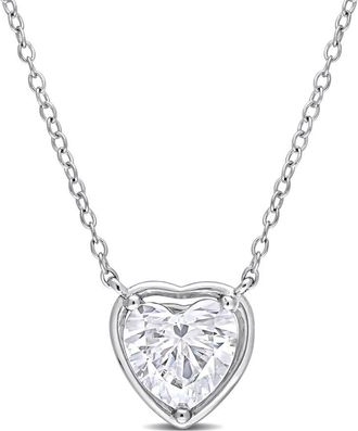 Amour 2 CT TGW Created Moissanite Halo Heart Pendant with Chain In Sterling Silver