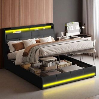 OEM Lit Doble 140x200 - Cofre De Almacenamiento - Mecanismo Silencioso - Iluminaci&oacute;n Led 6000+ Colores - Tejido Pu Negro