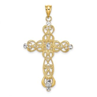Diamond2Deal 14k Yellow Gold Rhodium Scroll Design Diamond-Cut Cross Charm