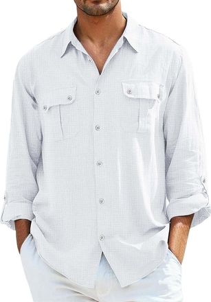 Generic Two Pocket Shirt Men Classic Shirts For Men Long Sleeve Cargo Shirt Cotton Work Shirts With 2 Pockets Casual Button Down Workwear Classic Fit Versatil