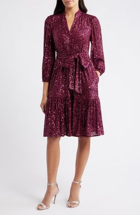 Eliza J Sequin Belted Dress in Berry at Nordstrom, Size 16
