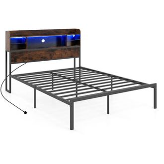 Costway King Size Bed Frame with Adjustable LED Lights Charging Ports Black