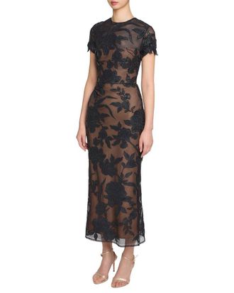 Marchesa Notte Leather Guipure Sheath Maxi Dress