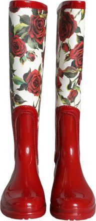 Dolce & Gabbana Red Floral Rubber Knee High Flat Boots Womens Shoes