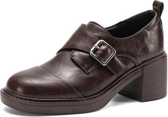 Generic Womens Buckle Strap Oxford Shoes Round Toe Textured Upper Platform Sole Chunky Block Heel Pull Tab Closed Toe Lightweight Durable Comfortable,Brown,3.