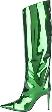 Generic Women High Heel Patent Leather Knee-High Boots Pointed Toe Reflective Design Boots