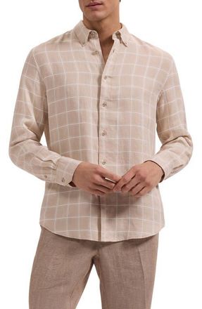 Bugatchi Austin Shaped Fit Windowpane Check Linen & Cotton Button-Down Shirt in Desert at Nordstrom, Size Xx-Large