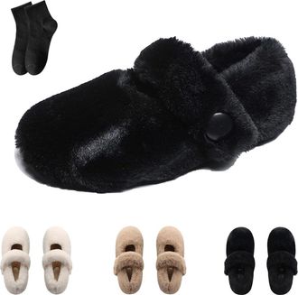 Generic Winter Shoes Fur Ballet Flats for Women Cozy Fur Lined Slip on Mary Jane Shoes Winter Warm Comfortable Slip on Flats Soft House Slippers Buckle Strap